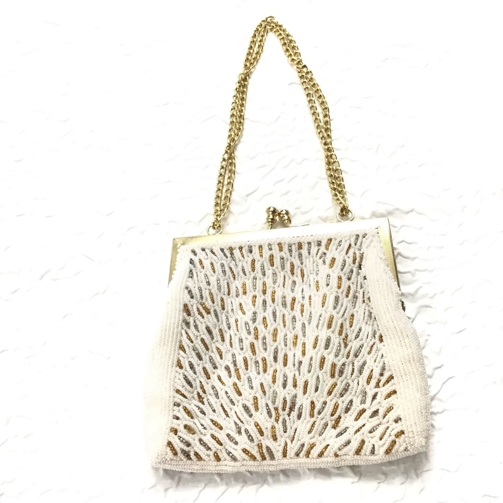 Vintage 1950s-1960s Walborg Hong Kong Ivory, Silver & Gold Beaded Mini  Purse.